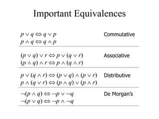 Important Equivalences
Commutative
p  q  q  p
p  q  q  p
Associative
(p  q)  r  p  (q  r)
(p  q)  r  p  (q  r)
Distributive
p  (q  r)  (p  q)  (p  r)
p  (q  r)  (p  q)  (p  r)
De Morgan’s
(p  q)  p  q
(p  q)  p  q
 