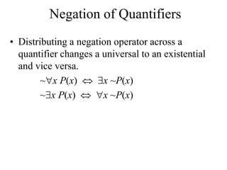 Negation of Quantifiers
• Distributing a negation operator across a
quantifier changes a universal to an existential
and vice versa.
~x P(x)  x ~P(x)
~x P(x)  x ~P(x)
 