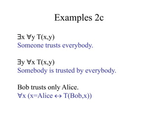 Examples 2c
x y T(x,y)
Someone trusts everybody.
y x T(x,y)
Somebody is trusted by everybody.
Bob trusts only Alice.
x (x=Alice  T(Bob,x))
 