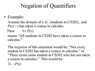 Negation of Quantifiers
• Example:
Assume the domain of x is: {students in CS202}, and
P(x) : x has taken a course in calculus.
Then x P(x)
means “All students in CS202 have taken a course in
calculus.”
The negation of this statement would be, “Not every
student in CS202 has taken a course in calculus,” or
“There exists some student in CS202 who has not taken
a course in calculus.” This would be:
x P(x)
 