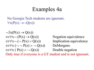 Examples 4a
x(P(x)  Q(x))
x (P(x)  Q(x)) Negation equivalence
x ( P(x)  Q(x)) Implication equivalence
x (  P(x)   Q(x)) DeMorgans
x ( P(x)   Q(x)) Double negation
Only true if everyone is a GT student and is not ignorant.
No Georgia Tech students are ignorant.
x(P(x) Q(x))
 