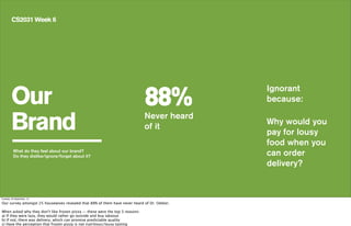 Our
Brand
CS2031 Week 6
Never heard
of it
What do they feel about our brand?
Do they dislike/ignore/forget about it?
88%
Ignorant
because:
Why would you
pay for lousy
food when you
can order
delivery?
Tuesday, 24 September, 13
Our survey amongst 25 housewives revealed that 88% of them have never heard of Dr. Oetker.
When asked why they don’t like frozen pizza — these were the top 3 reasons:
a) If they were lazy, they would rather go outside and buy takeout
b) If not, there was delivery, which can promise predictable quality
c) Have the perception that frozen pizza is not nutritious/lousy tasting
 