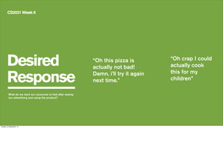 Desired
Response
CS2031 Week 6
“Oh this pizza is
actually not bad!
Damn, i’ll try it again
next time.”
What do we want our consumer to feel after seeing
our advertising and using the product?
“Oh crap I could
actually cook
this for my
children”
Tuesday, 24 September, 13
 