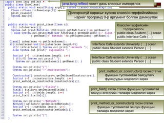 Класс/интерфейсийн тодорхойлогч public class Student  {…}  эсвэл public interface Cafe  {…} Interface   Cafe   extends  University   { …}  эсвэл   public class Student  extends  Person   { …} Interface   Cafe  extends   University   { …}  эсвэл   public class Student extends  Person   { …} print_method_or_constructor()  гэсэн статик функцын тусламжтай байгуулагч функцуудын мэдээлэл харах print_field()  гэсэн статик функцын тусламжтай гишүүн өгөгдлийн талаарх мэдээлэл харах print_method_or_constructor()  гэсэн статик функцын тусламжтай   гишүүн функцын талаарх мэдээлэл харах java.lang.reflect   пакет дахь классыг импортлох Дэлгэрэнгүй харахыг хүссэн класс/интерфейсийнхээ нэрийг програмд 0-р аргумент болгон дамжуулах 