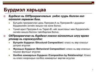 2Бүрдмэл харьцааБүрдмэл нь ОХПрограмчлалын  үндэс суурь болсон гол ойлголт хараахан биш.Бүтцийн програмчлал дахь Програм-А нь Програм-В-г дуудахыг бүрдмэлийн энгийн жишээ гэж хэлж болно.Үүний адил Програм-А нь Төрөл-В –ийг ашиглахыг мөн бүрдмэлийн энгийн жишээ болгон тайлбарлаж болно.ОХПрограмчлал нь бүрдмэл хэмээх ойлголтыг илүү өргөн утгаар нь хэрэгжүүлдэг:Бүтцийн бүрдмэл /Structural Composition/: класс нь өөр классыг дотроо агуулахФункцын бүрдмэл /Behavioral Composition/: класс нь өөр классын гишүүн функцыг агуулахХолбоо хамаарлын бүрдмэл /Composition by Relationship/: Класс нь класс хоорондын холбоо хамаарлыг өөртөө агуулах