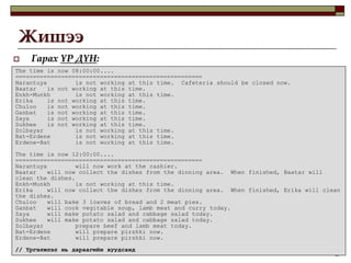 15Их сургуулийн гуанз (cafeteria) нь оюутан багш нарт зориулсан хэд хэдэн нэр төрлийн хоолтой.Үйлчлүүлэгчдийн хүсэл шаардлагад нийцсэн үйлчилгээ үзүүлэхийн тулд өдөр бүр дор хаяж 1 ахлах тогооч ажилна. Заримд нөхцөлд тухайлбал оргил цагаар (үдийн их завсарлагаанаар) нэгээс олон ахлах тогооч ажилна.Тогоочоос гадна кассчин ажилнаМөн цэвэрлэгээний ажилтан гэж байна Ийнхүү бид өөрийн кодоо дээрх онцлог дээр тулгуурлан бичихдээ ялгаатай үүрэг бүхий ажилтангуудад зориулсан классыг үүсгэх боломжтойЖишээ