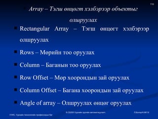 Rectangular Array  – Тэгш өнцөгт хэлбэрээр олшруулах  Rows –  Мөрийн тоо оруулах Column –  Баганын тоо оруулах Row Offset –  Мөр хоорондын зай оруулах Column Offset –  Багана хоорондын зай оруулах Angle of array –  Олшруулах өнцөг оруулах Array – Тэгш өнцөгт хэлбэрээр объектыг олшруулах УУИС, Уурхайн технологийн профессорын баг S.CS205  Уурхайн зургийн автоматжуулалт.  Л.Болор/ H.MI13/  