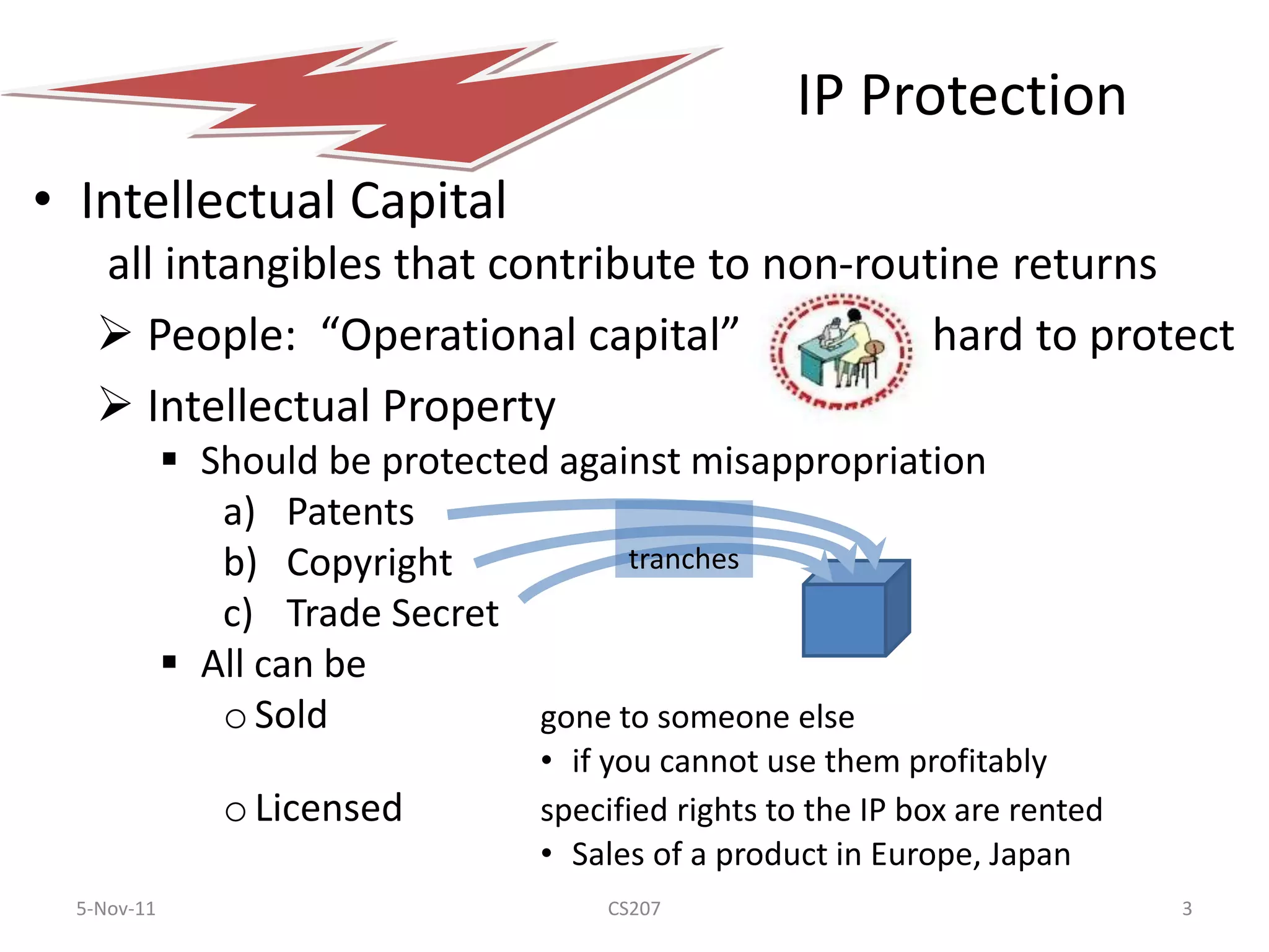 IP Protection
• Intellectual Capital
   all intangibles that contribute to non-routine returns
    People: “Operational capital”            hard to protect
    Intellectual Property
              Should be protected against misappropriation
                a) Patents
                b) Copyright            tranches
                c) Trade Secret
              All can be
                o Sold            gone to someone else
                                  • if you cannot use them profitably
                o Licensed        specified rights to the IP box are rented
                                  • Sales of a product in Europe, Japan
  5-Nov-11                            CS207                                   3
 