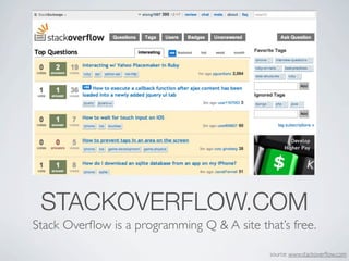 STACKOVERFLOW.COM
Stack Over?ow is a programming Q & A site thats free.

                                             source: www.stackover?ow.com
 