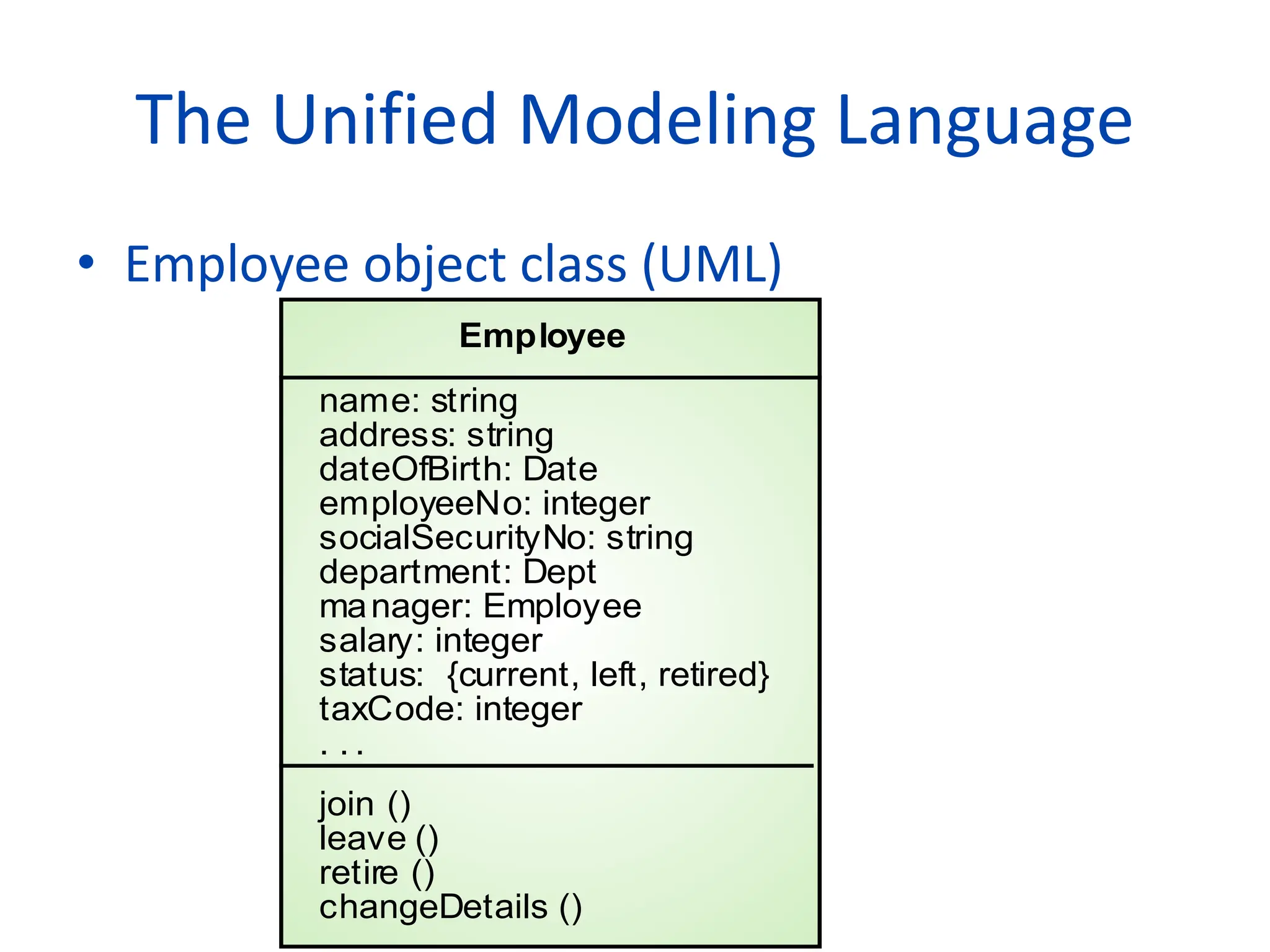 The Unified Modeling Language
• Employee object class (UML)
Employee
name: string
address: string
dateOfBirth: Date
employeeNo: integer
socialSecurityNo: string
department: Dept
manager: Employee
salary: integer
status: {current, left, retired}
taxCode: integer
. . .
join ()
leave ()
retire ()
changeDetails ()
 