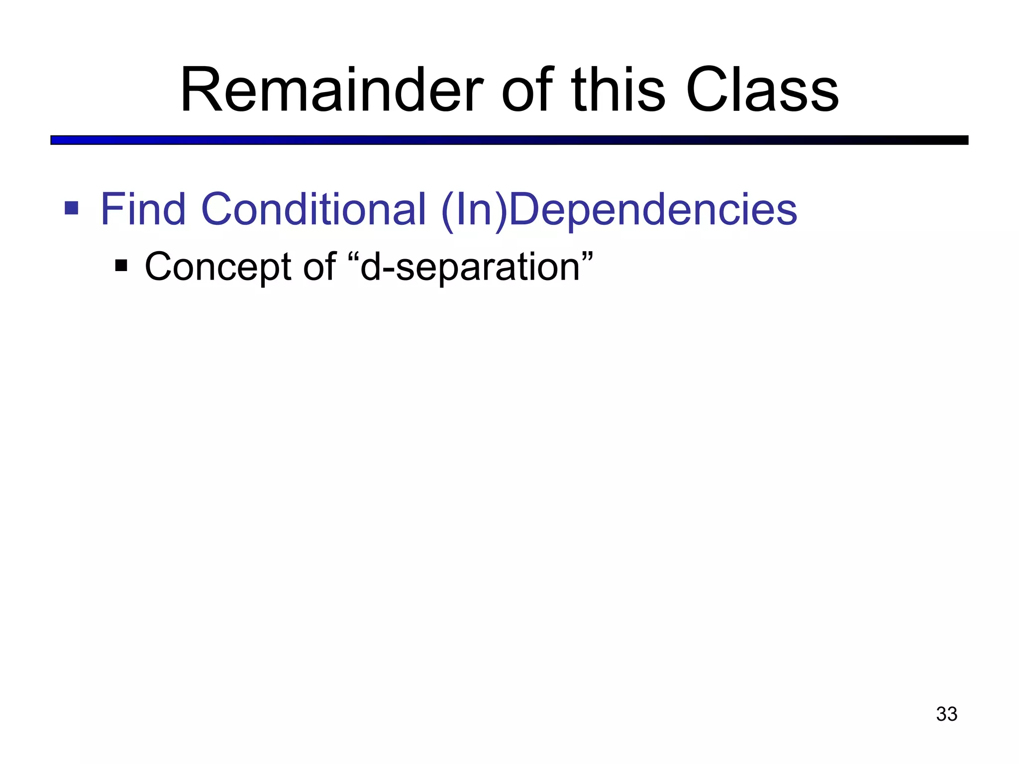 Remainder of this Class Find Conditional (In)Dependencies Concept of “d-separation” 