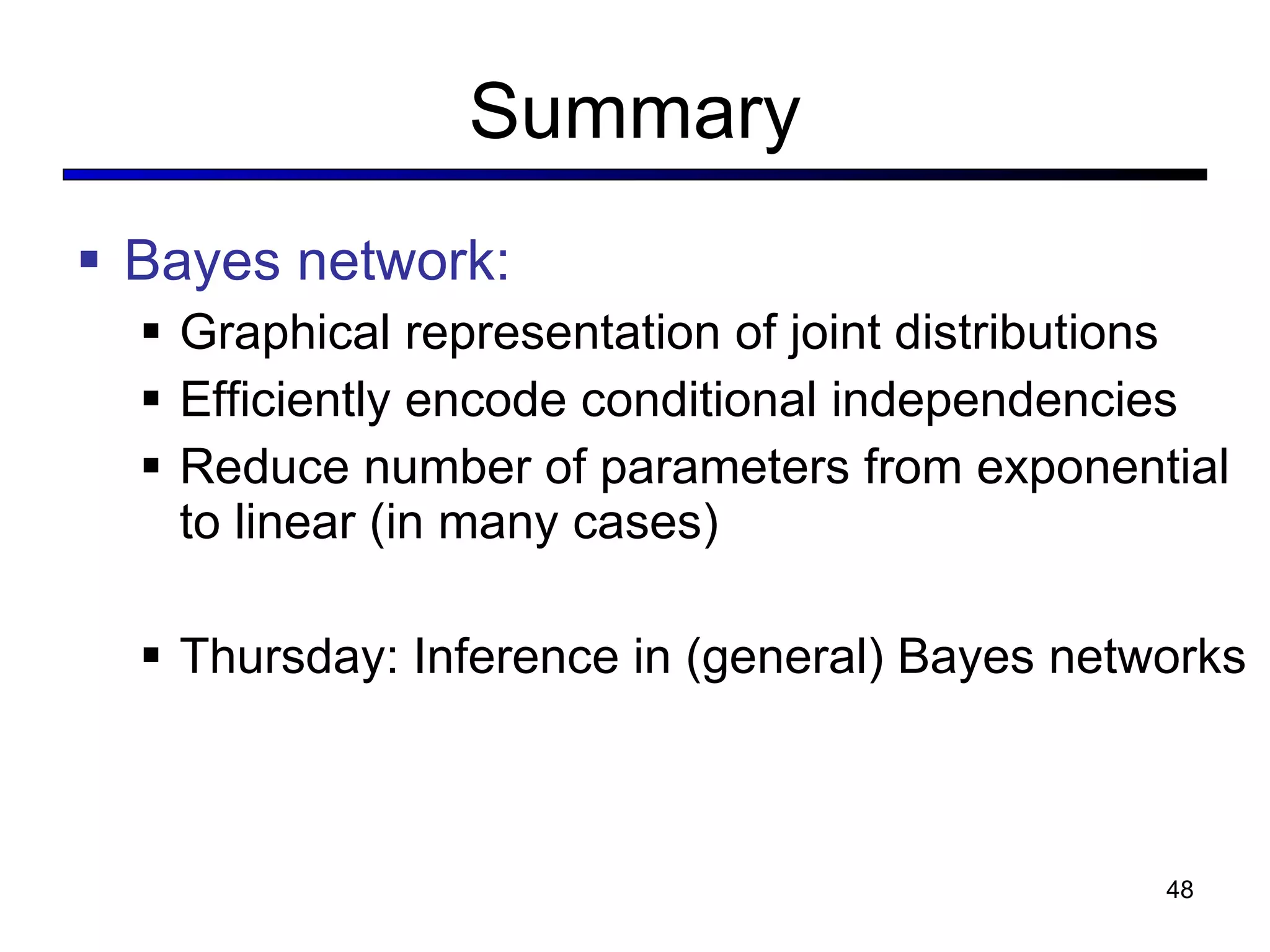 Summary Bayes network:  Graphical representation of joint distributions Efficiently encode conditional independencies Reduce number of parameters from exponential to linear (in many cases) Thursday: Inference in (general) Bayes networks 
