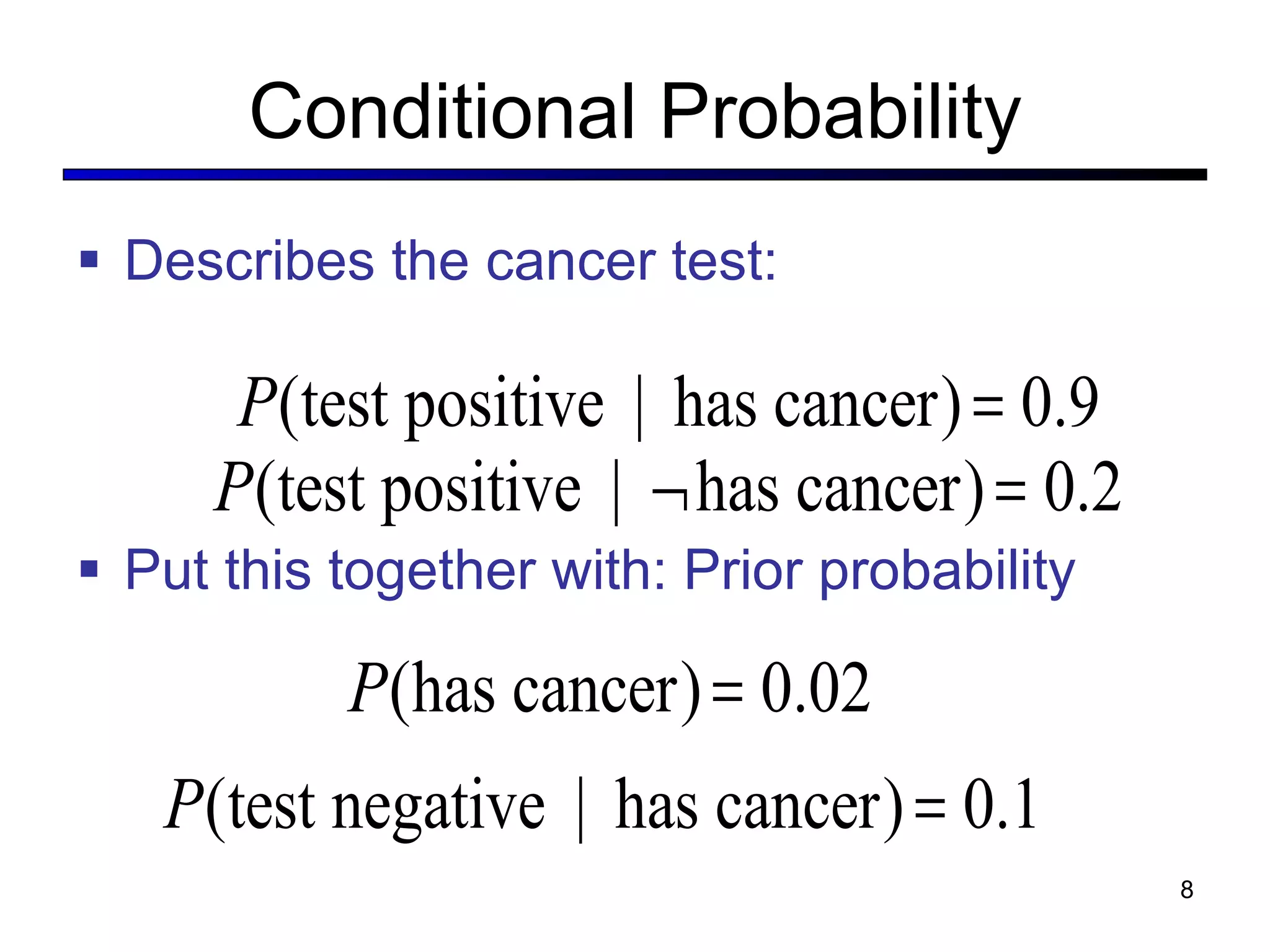 Conditional Probability Describes the cancer test: Put this together with: Prior probability 
