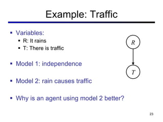 Example: Traffic Variables: R: It rains T: There is traffic Model 1: independence Model 2: rain causes traffic Why is an agent using model 2 better? R T 