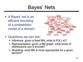 Bayes ’ Nets A Bayes ’ net is an efficient encoding of a probabilistic model of a domain Questions we can ask: Inference: given a fixed BN, what is P(X | e)? Representation: given a BN graph, what kinds of distributions can it encode? Modeling: what BN is most appropriate for a given domain? 