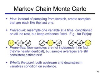 Markov Chain Monte Carlo Idea : instead of sampling from scratch, create samples that are each like the last one. Procedure : resample one variable at a time, conditioned on all the rest, but keep evidence fixed.  E.g., for P(b|c): Properties : Now samples are not independent (in fact they ’re nearly identical), but sample averages are still consistent estimators! What ’s the point : both upstream and downstream variables condition on evidence. +a +c +b +a +c -b -a +c -b 