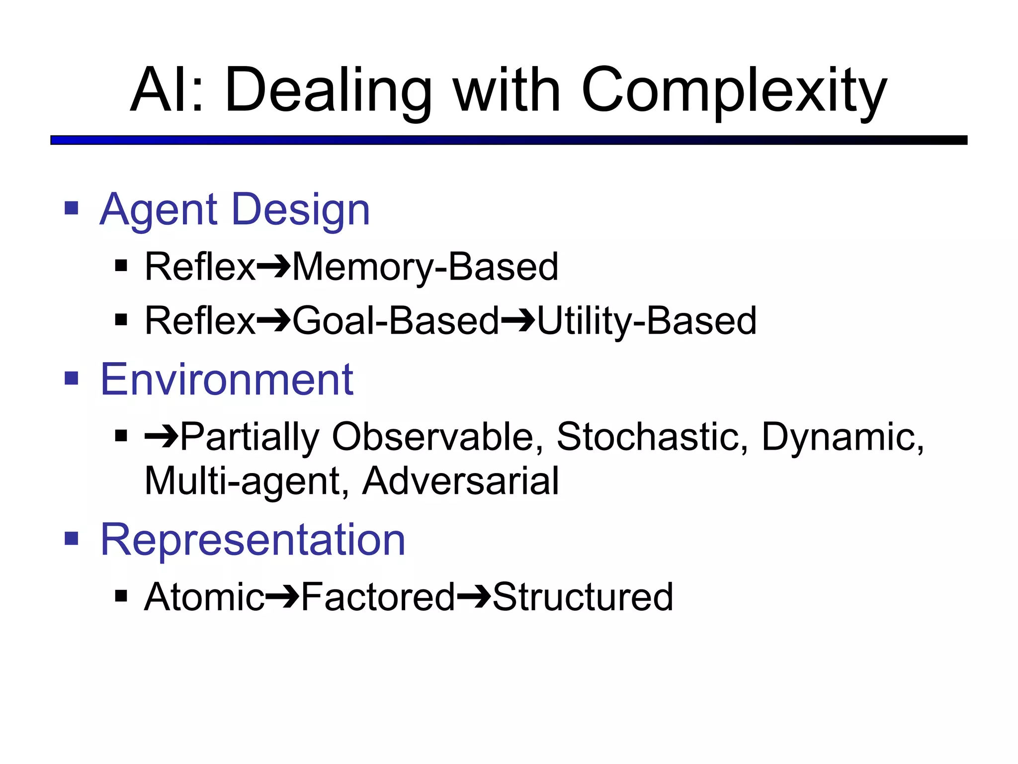 AI: Dealing with Complexity Agent Design Reflex➔Memory-Based Reflex➔Goal-Based➔Utility-Based Environment ➔ Partially Observable, Stochastic, Dynamic, Multi-agent, Adversarial Representation Atomic➔Factored➔Structured 