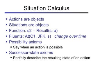 Situation Calculus Actions are objects Situations are objects Function: s2 = Result(s, a) Fluents: At(C1, JFK, s)  change over time Possibility axioms Say when an action is possible Successor-state axioms Partially describe the resulting state of an action 