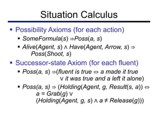 Situation Calculus Possibility Axioms (for each action) SomeFormula ( s ) ⇒ Poss ( a, s ) Alive ( Agent, s ) ∧  Have ( Agent, Arrow, s ) ⇒   Poss ( Shoot, s ) Successor-state Axiom (for each fluent) Poss ( a, s ) ⇒( fluent is true  ⇔  a made it true   ∨  it was true and a left it alone ) Poss(a, s)  ⇒ ( Holding ( Agent, g, Result ( s, a ))   ⇔   a = Grab ( g ) ∨   ( Holding ( Agent, g, s ) ∧  a  ≠  Release ( g ))) 