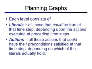 Planning Graphs Each level consists of  Literals   = all those that  could  be true at that time step, depending upon the actions executed at preceding time steps. Actions   = all those actions that  could  have their preconditions satisfied at that time step, depending on which of the literals actually hold. 