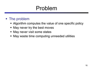 Problem The problem Algorithm computes the value of one specific policy May never try the best moves May never visit some states May waste time computing unneeded utilities 