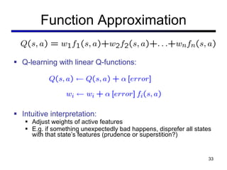 Function Approximation Q-learning with linear Q-functions: Intuitive interpretation: Adjust weights of active features E.g. if something unexpectedly bad happens, disprefer all states with that state’ s features (prudence or superstition?) 