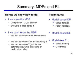 Summary: MDPs and RL If we know the MDP Compute U*, Q*,   * exactly Evaluate a fixed policy   If we don’ t know the MDP We can estimate the MDP then solve We can estimate U for a fixed policy   We can estimate Q*(s,a) for the optimal policy while executing an exploration policy Model-based DP Value Iteration Policy iteration Model-based RL Model-free RL: Value learning Q-learning Things we know how to do: Techniques: 