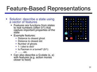 Feature-Based Representations <ul><li>Solution: describe a state using a vector of features </li></ul><ul><ul><li>Features...
