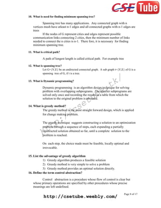 10. What is need for finding minimum spanning tree?

Spanning tree has many applications. Any connected graph with n
vertices mush have atleast n-1 edges and all connected graphs with n-1 edges are
trees
If the nodes of G represent cities and edges represent possible
communication links connecting 2 cities, then the minimum number of links
needed to connect the n cities is n-1. There fore, it is necessary for finding
minimum spanning tree.
11. What is critical path?

A path of longest length is called critical path. For example tree
12. What is spanning tree?
Let G={V,E} be an undirected connected graph. A sub graph t={V,E} of G is a
spanning tree of G, if t is a tree.

k/
t

13. What is Dynamic programming?

e.
b

Dynamic programming is an algorithm design technique for solving
problem with overlapping subprograms. The smaller subprograms are
solved only once and recording the results in a table from which the
solution to the original problem is obtained.

tu
e

cs
/

14. What is greedy method?
The greedy method is the most straight forward design, which is applied
for change making problem.

:/
p

The greedy technique suggests constructing a solution to an optimization
problem through a sequence of steps, each expanding a partially
constructed solution obtained so far, until a complete solution to the
problem is reached.

tt
h

On each step, the choice made must be feasible, locally optimal and
irrevocable.
15. List the advantage of greedy algorithm
1) Greedy algorithm produces a feasible solution
2) Greedy method is very simple to solve a problem
3) Greedy method provides an optimal solution directly.
16. Define the term control abstraction?
Control abstraction is a procedure whose flow of control is clear but
whose primary operations are specified by other procedures whose precise
meanings are left undefined.

http://csetube.weebly.com/

Page 8 of 17

 