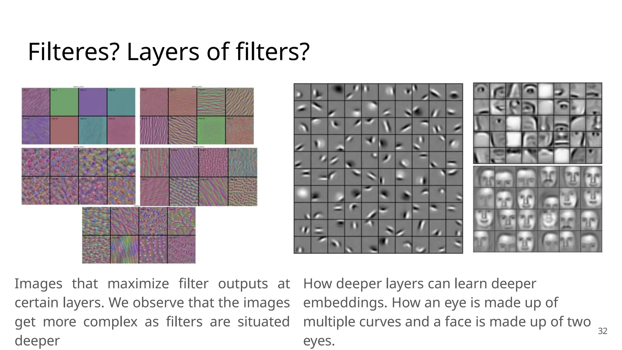 Filteres? Layers of filters?
Images that maximize filter outputs at
certain layers. We observe that the images
get more complex as filters are situated
deeper
How deeper layers can learn deeper
embeddings. How an eye is made up of
multiple curves and a face is made up of two
eyes.
32
 