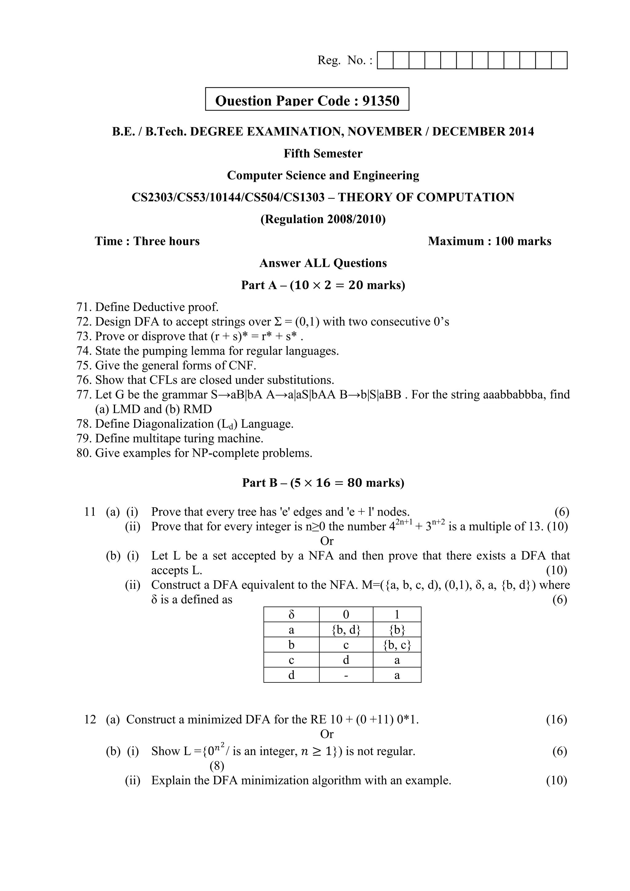 Reg. No. :
B.E. / B.Tech. DEGREE EXAMINATION, NOVEMBER / DECEMBER 2014
Fifth Semester
Computer Science and Engineering
CS2303/CS53/10144/CS504/CS1303 – THEORY OF COMPUTATION
(Regulation 2008/2010)
Time : Three hours Maximum : 100 marks
Answer ALL Questions
Part A – (𝟏𝟎 × 𝟐 = 𝟐𝟎 marks)
71. Define Deductive proof.
72. Design DFA to accept strings over Σ = (0,1) with two consecutive 0‟s
73. Prove or disprove that (r + s)* = r* + s* .
74. State the pumping lemma for regular languages.
75. Give the general forms of CNF.
76. Show that CFLs are closed under substitutions.
77. Let G be the grammar S→aB|bA A→a|aS|bAA B→b|S|aBB . For the string aaabbabbba, find
(a) LMD and (b) RMD
78. Define Diagonalization (Ld) Language.
79. Define multitape turing machine.
80. Give examples for NP-complete problems.
Part B – (5 × 𝟏𝟔 = 𝟖𝟎 marks)
11 (a) (i) Prove that every tree has 'e' edges and 'e + l' nodes. (6)
(ii) Prove that for every integer is n≥0 the number 42n+1
+ 3n+2
is a multiple of 13. (10)
Or
(b) (i) Let L be a set accepted by a NFA and then prove that there exists a DFA that
accepts L. (10)
(ii) Construct a DFA equivalent to the NFA. M=({a, b, c, d), (0,1), δ, a, {b, d}) where
δ is a defined as (6)
δ 0 1
a {b, d} {b}
b c {b, c}
c d a
d - a
12 (a) Construct a minimized DFA for the RE 10 + (0 +11) 0*1. (16)
Or
(b) (i) Show L ={0 𝑛2
/ is an integer, 𝑛 ≥ 1}) is not regular. (6)
(8)
(ii) Explain the DFA minimization algorithm with an example. (10)
Question Paper Code : 91350
 