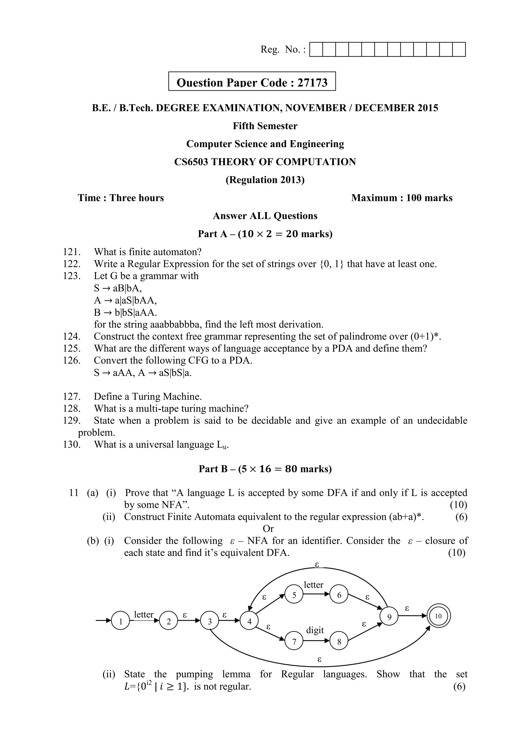Reg. No. :
B.E. / B.Tech. DEGREE EXAMINATION, NOVEMBER / DECEMBER 2015
Fifth Semester
Computer Science and Engineering
CS6503 THEORY OF COMPUTATION
(Regulation 2013)
Time : Three hours Maximum : 100 marks
Answer ALL Questions
Part A – (𝟏𝟎 × 𝟐 = 𝟐𝟎 marks)
121. What is finite automaton?
122. Write a Regular Expression for the set of strings over {0, 1} that have at least one.
123. Let G be a grammar with
S → aB|bA,
A → a|aS|bAA,
B → b|bS|aAA.
for the string aaabbabbba, find the left most derivation.
124. Construct the context free grammar representing the set of palindrome over (0+1)*.
125. What are the different ways of language acceptance by a PDA and define them?
126. Convert the following CFG to a PDA.
S → aAA, A → aS|bS|a.
127. Define a Turing Machine.
128. What is a multi-tape turing machine?
129. State when a problem is said to be decidable and give an example of an undecidable
problem.
130. What is a universal language Lu.
Part B – (5 × 𝟏𝟔 = 𝟖𝟎 marks)
11 (a) (i) Prove that “A language L is accepted by some DFA if and only if L is accepted
by some NFA”. (10)
(ii) Construct Finite Automata equivalent to the regular expression (ab+a)*. (6)
Or
(b) (i) Consider the following ε – NFA for an identifier. Consider the ε – closure of
each state and find it‟s equivalent DFA. (10)
(ii) State the pumping lemma for Regular languages. Show that the set
𝐿={0i2
| 𝑖 ≥ 1}. is not regular. (6)
1 2 3 4
5 6
7 8
9 10letter ε
letter
digit
ε
ε
ε
ε
ε
ε
ε
ε
Question Paper Code : 27173
 