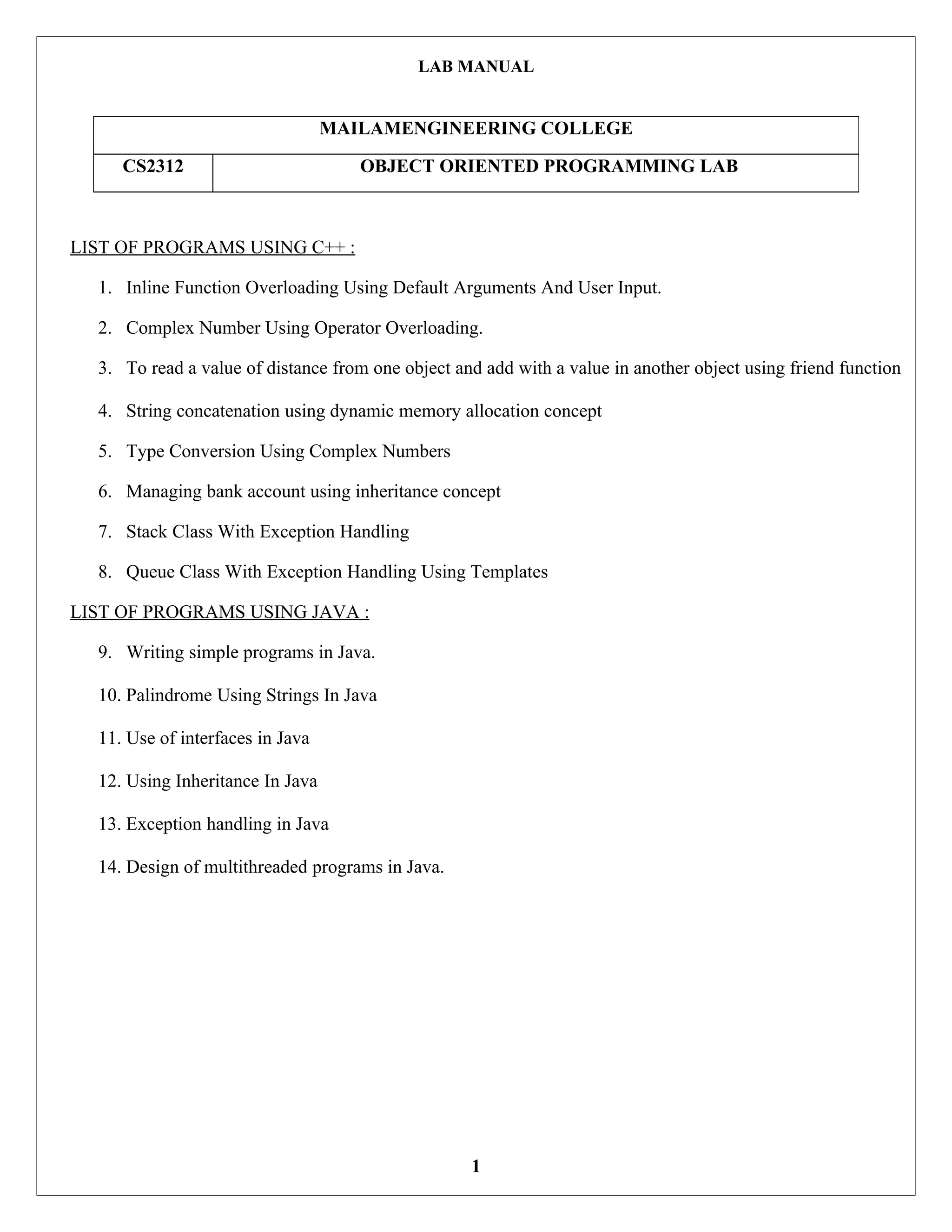 Cs2312 OOPS LAB MANUAL | PDF