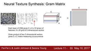 Fei-Fei Li & Justin Johnson & Serena Yeung Lecture 11 - May 10, 201755
Neural Texture Synthesis: Gram Matrix
Each layer of CNN gives C x H x W tensor of
features; H x W grid of C-dimensional vectors
Outer product of two C-dimensional vectors
gives C x C matrix measuring co-occurrence
This image is in the public domain.
w
H
C
C
C
 