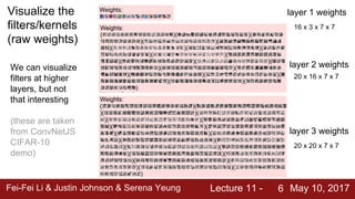 Fei-Fei Li & Justin Johnson & Serena Yeung Lecture 11 - May 10, 20176
Visualize the
filters/kernels
(raw weights)
We can visualize
filters at higher
layers, but not
that interesting
(these are taken
from ConvNetJS
CIFAR-10
demo)
layer 1 weights
layer 2 weights
layer 3 weights
16 x 3 x 7 x 7
20 x 16 x 7 x 7
20 x 20 x 7 x 7
 
