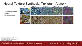 Fei-Fei Li & Justin Johnson & Serena Yeung Lecture 11 - May 10, 201763
Neural Texture Synthesis: Texture = Artwork
Texture synthesis
(Gram
reconstruction)
Figure from Johnson, Alahi, and Fei-Fei, “Perceptual
Losses for Real-Time Style Transfer and
Super-Resolution”, ECCV 2016. Copyright Springer, 2016.
Reproduced for educational purposes.
 
