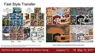 Fei-Fei Li & Justin Johnson & Serena Yeung Lecture 11 - May 10, 201779
Fast Style Transfer
Slow SlowFast Fast
Johnson, Alahi, and Fei-Fei, “Perceptual Losses for Real-Time Style Transfer and Super-Resolution”, ECCV 2016
Figure copyright Springer, 2016. Reproduced for educational purposes.
https://github.com/jcjohnson/fast-neural-style
 