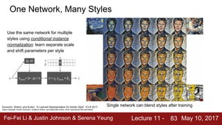 Fei-Fei Li & Justin Johnson & Serena Yeung Lecture 11 - May 10, 201783
One Network, Many Styles
Dumoulin, Shlens, and Kudlur, “A Learned Representation for Artistic Style”, ICLR 2017.
Figure copyright Vincent Dumoulin, Jonathon Shlens, and Manjunath Kudlur, 2016; reproduced with permission.
Use the same network for multiple
styles using conditional instance
normalization: learn separate scale
and shift parameters per style
Single network can blend styles after training
 