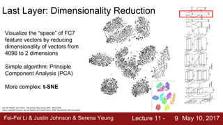 Fei-Fei Li & Justin Johnson & Serena Yeung Lecture 11 - May 10, 20179
Last Layer: Dimensionality Reduction
Van der Maaten and Hinton, “Visualizing Data using t-SNE”, JMLR 2008
Figure copyright Laurens van der Maaten and Geoff Hinton, 2008. Reproduced with permission.
Visualize the “space” of FC7
feature vectors by reducing
dimensionality of vectors from
4096 to 2 dimensions
Simple algorithm: Principle
Component Analysis (PCA)
More complex: t-SNE
 