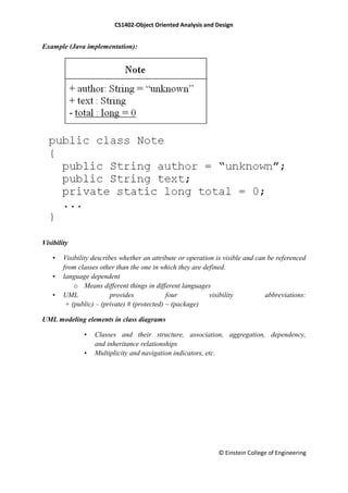 CS1402-Object Oriented Analysis and Design
© Einstein College of Engineering
Example (Java implementation):
Visibility
• Visibility describes whether an attribute or operation is visible and can be referenced
from classes other than the one in which they are defined.
• language dependent
o Means different things in different languages
• UML provides four visibility abbreviations:
+ (public) – (private) # (protected) ~ (package)
UML modeling elements in class diagrams
• Classes and their structure, association, aggregation, dependency,
and inheritance relationships
• Multiplicity and navigation indicators, etc.
 
