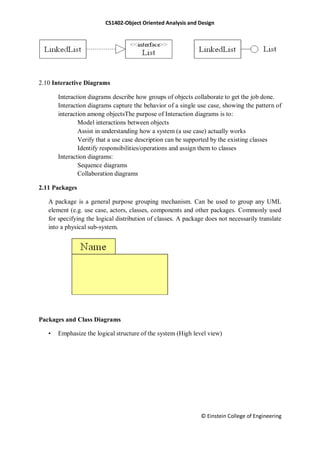 CS1402-Object Oriented Analysis and Design
© Einstein College of Engineering
2.10 Interactive Diagrams
Interaction diagrams describe how groups of objects collaborate to get the job done.
Interaction diagrams capture the behavior of a single use case, showing the pattern of
interaction among objectsThe purpose of Interaction diagrams is to:
Model interactions between objects
Assist in understanding how a system (a use case) actually works
Verify that a use case description can be supported by the existing classes
Identify responsibilities/operations and assign them to classes
Interaction diagrams:
Sequence diagrams
Collaboration diagrams
2.11 Packages
A package is a general purpose grouping mechanism. Can be used to group any UML
element (e.g. use case, actors, classes, components and other packages. Commonly used
for specifying the logical distribution of classes. A package does not necessarily translate
into a physical sub-system.
Packages and Class Diagrams
• Emphasize the logical structure of the system (High level view)
 