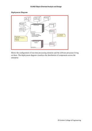 CS1402-Object Oriented Analysis and Design
© Einstein College of Engineering
Deployment Diagram
Shows the configuration of run-time processing elements and the software processes living
on them. The deployment diagram visualizes the distribution of components across the
enterprise
 