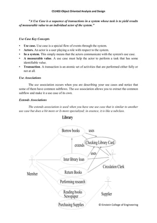 CS1402-Object Oriented Analysis and Design
© Einstein College of Engineering
"A Use Case is a sequence of transactions in a system whose task is to yield results
of measurable value to an individual actor of the system."
Use Case Key Concepts
• Use case. Use case is a special flow of events through the system.
• Actors. An actor is a user playing a role with respect to the system.
• In a system. This simply means that the actors communicate with the system's use case.
• A measurable value. A use case must help the actor to perform a task that has some
identifiable value.
• Transaction. A transaction is an atomic set of activities that are performed either fully or
not at all.
Use Associations
The use association occurs when you are describing your use cases and notice that
some of them have common subflows. The use association allows you to extract the common
subflow and make it a use case of its own.
Extends Associations
The extends association is used when you have one use case that is similar to another
use case but does a bit more or Is more specialized; in essence, it is like a subclass.
Library
Borrow books
Readingbooks
Newspaper
Member
Supplier
PurchasingSupplies
Interlibrary loan
extends
uses
uses
Performingresearch
Return Books
Circulation Clerk
CheckingLibrary Card
 
