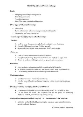 CS1402-Object Oriented Analysis and Design
© Einstein College of Engineering
Goals:
– Analyzing relationships among classes
– Identifying association
– Association patterns
– Identifying super- & subclass hierarchies
Three Types of Objects Relationships
 Association
 Super-sub structure (also known as generalization hierarchy)
 Aggregation and a-part-of structure
Guidelines for Identifying Super-sub Relationships:
Top-down
 Look for noun phrases composed of various adjectives on class name.
 Example, Military Aircraft and Civilian Aircraft.
 Only specialize when the sub classes have significant behavior.
Bottom-up
 Look for classes with similar attributes or methods.
 Group them by moving the common attributes and methods to super class.
 Do not force classes to fit a preconceived generalization structure.
Reusability
 Move attributes and methods as high as possible in the hierarchy.
 At the same time do not create very specialized classes at the top of hierarchy.
 This balancing act can be achieved through several iterations.
Multiple inheritance
 Avoid excessive use of multiple inheritances.
 It is also more difficult to understand programs written in multiple inheritance
system.
Class Responsibility: Identifying Attributes and Methods
 Identifying attributes and methods, like finding classes, is a difficult activity.
 The use cases and other UML diagrams will be our guide for identifying
attributes, methods, and relationships among classes.
Identifying Class Responsibility by Analyzing Use Cases and Other UML Diagrams
 Attributes can be identified by analyzing the use cases, sequence/collaboration,
activity, and state diagrams.
 