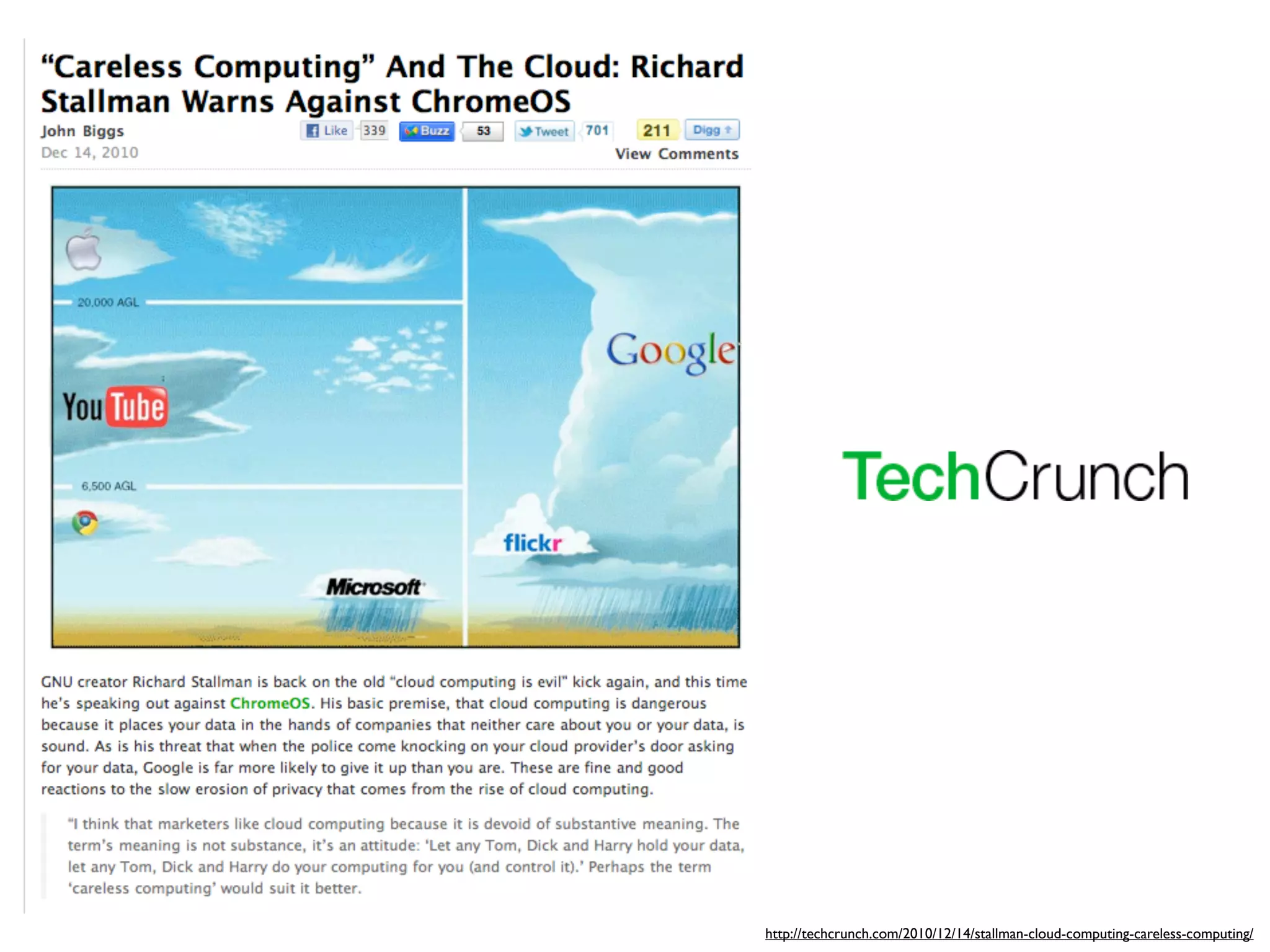 http://techcrunch.com/2010/12/14/stallman-cloud-computing-careless-computing/
 