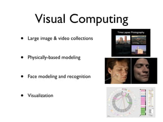 Visual Computing
•   Large image & video collections



•   Physically-based modeling



•   Face modeling and recognition



•   Visualization
 