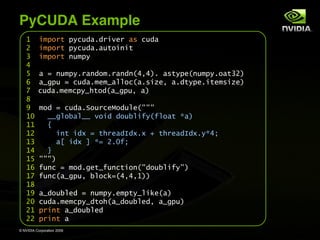 PyCUDA Example
   !       "#$%&' $()*+,-+&"./&0,1 )*+,
   20      "#$%&' $()*+,-,*'%"3"'
   4       "#$%&' 3*#$(
   5
   6      ,0703*#$(-&,3+%#-&,3+38595:-0,1'($/83*#$(-%,'42:
   ;      ,<=$*070)*+,-#/#<,>>%)8,-1"?/90,-+'($/-"'/#1"?/:
   @      )*+,-#/#)$(<A'%+8,<=$*90,:
   B
   C       #%+070)*+,-D%*&)/E%+*>/8FFF
   !G        <<=>%H,><<0.%"+0+%*H>"I(8I>%,'0J,:
   !!        K
   !2           "3'0"+L070'A&/,+M+L-L0N0'A&/,+M+L-(J5O
   !4           ,P0"+L0Q0J702-GIO
   !5        R
   !6      FFF:
   !;      I*3)070#%+-=/'<I*3)'"%38F+%*H>"I(F:
   !@      I*3)8,<=$*90H>%)S785959!::
   !B
   !C      ,<+%*H>/+0703*#$(-/#$'(<>"S/8,:
   2G      )*+,-#/#)$(<+'%A8,<+%*H>/+90,<=$*:
   2!      $&"3' ,<+%*H>/+
   22      $&"3' ,
© NVIDIA Corporation 2009
 
