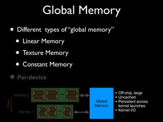 Global Memory
 Kernel Memory Access

   • Different types of “global memory”
     Per-thread
                                       Registers   On-chip

    • Linear Memory     Thread
                                   Local Memory    Off-chip, uncached


    • Texture
     Per-block Memory

    • Constant Memory
                    Block
                                    •
                                    •
                                     Shared
                                     Memory
                                                    On-chip, small
                                                    Fast


        Per-device


       Kernel 0              ...                       • Off-chip, large
                                                       • Uncached
                                           Global      • Persistent across
Time




                                           Memory          kernel launches
         Kernel 1           ...                        •   Kernel I/O
 