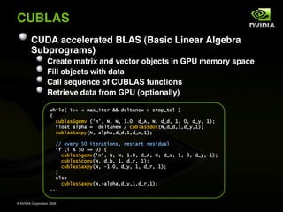 CUBLAS
         CUDA accelerated BLAS (Basic Linear Algebra
         Subprograms)
                   Create matrix and vec...