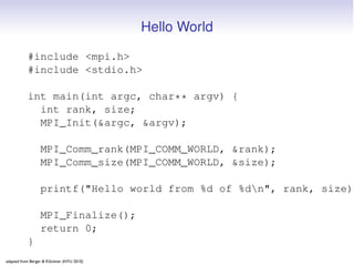 Hello World

           #include <mpi.h>
           #include <stdio.h>

           int main(int argc, char** argv) {
     ...